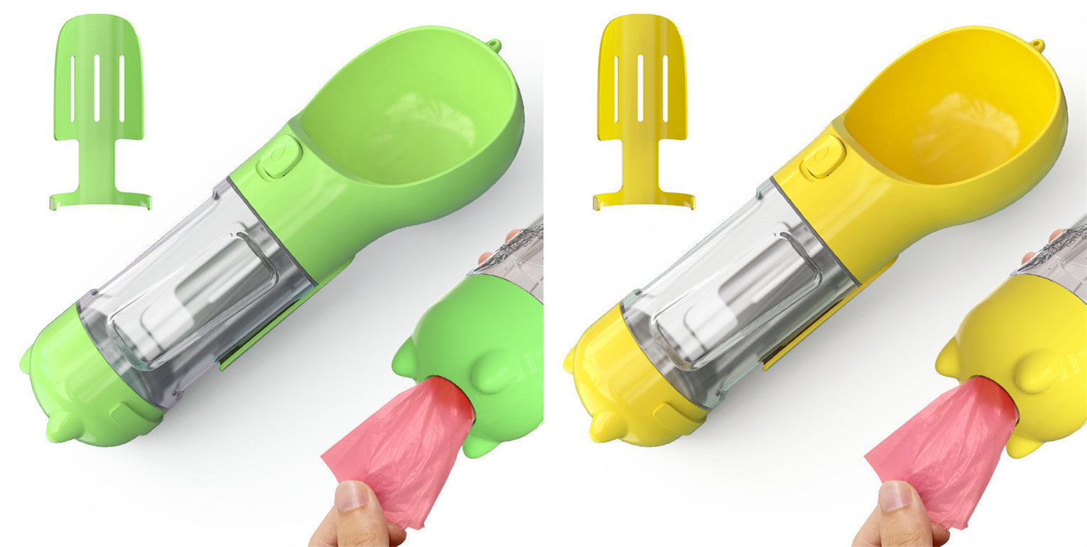 Portable pet water bottle feeders in lime and yellow with transparent tubes and pink waste bag