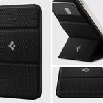 Black card holder and stand with front flap open, textured fabric