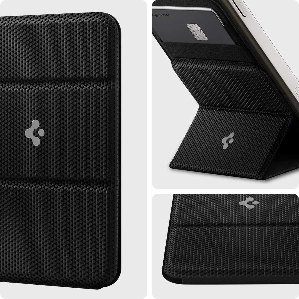 Black card holder and stand with front flap open, textured fabric