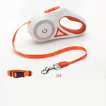Orange retractable pet leash with glowing LED ring and 3M strap length shown