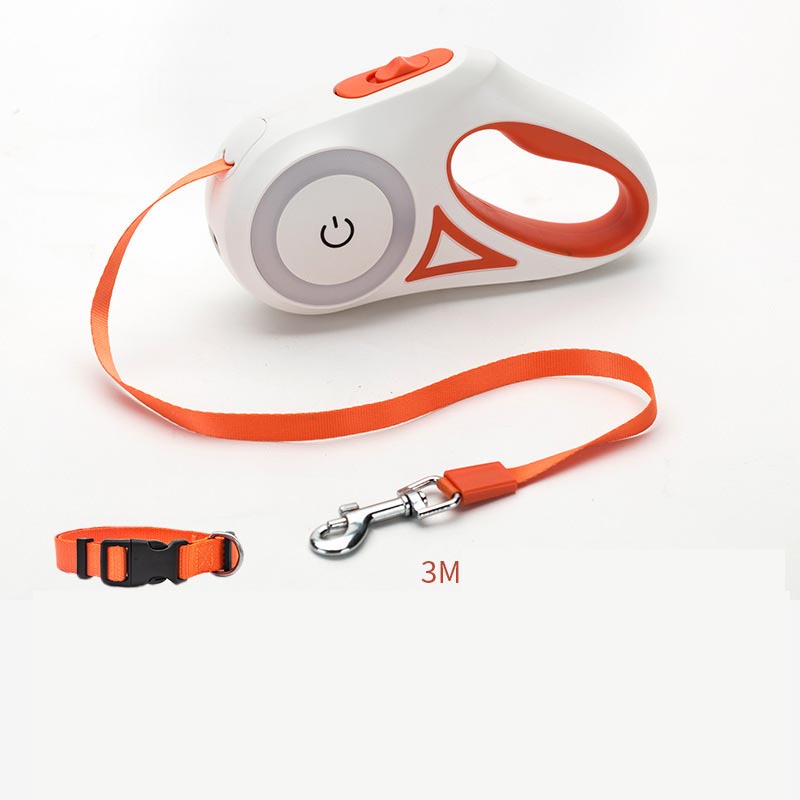 Orange retractable pet leash with glowing LED ring and 3M strap length shown