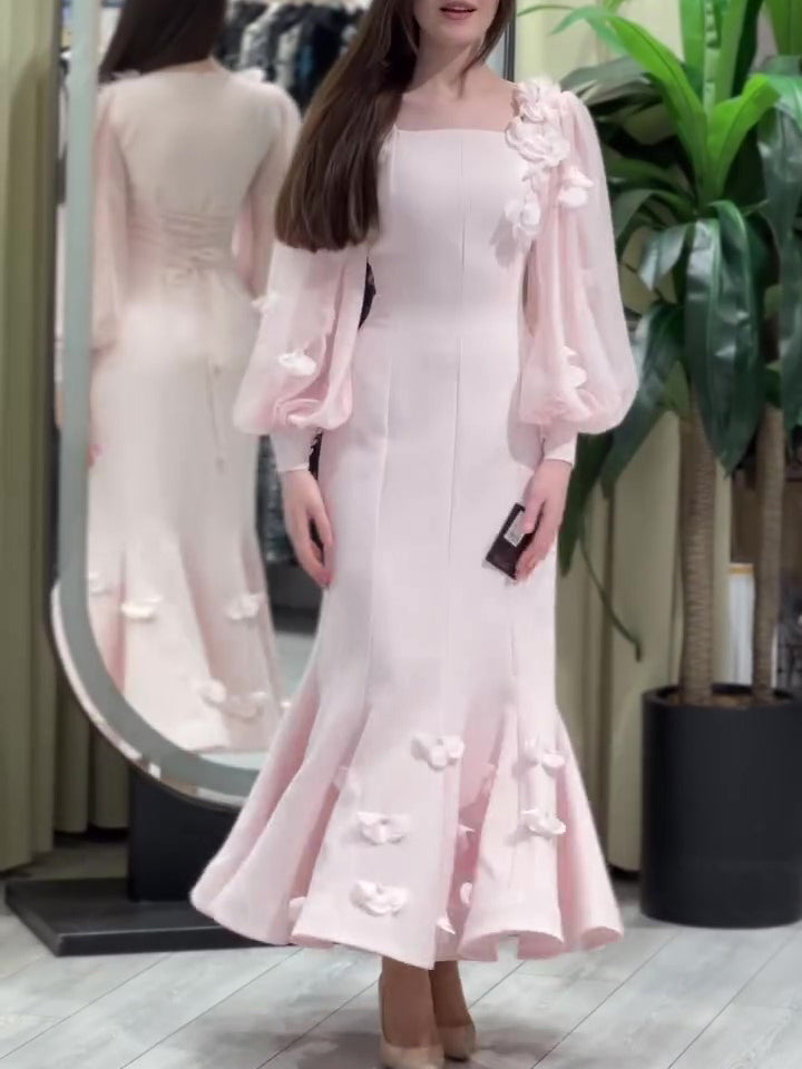 Floral Fishtail Dress by [Brand Name] - Elegant Long Sleeve with Stunning Flower Embellishments