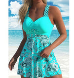 Turquoise bikini swimsuit with teal patterned skirt overlay, drawstring bust detail