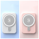 White and pink magnetic wireless power banks with lightning logos, front views.