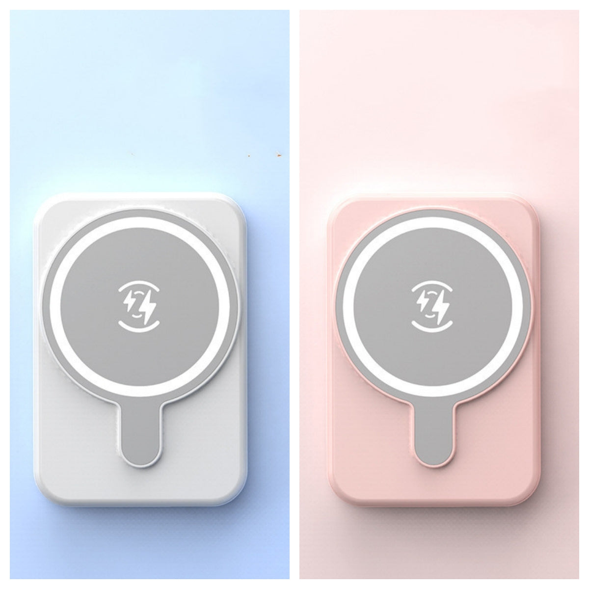 White and pink magnetic wireless power banks with lightning logos, front views.