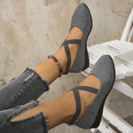 Women’s pointed toe cross-strap wedge flats in dark gray suede with elastic band at ankle