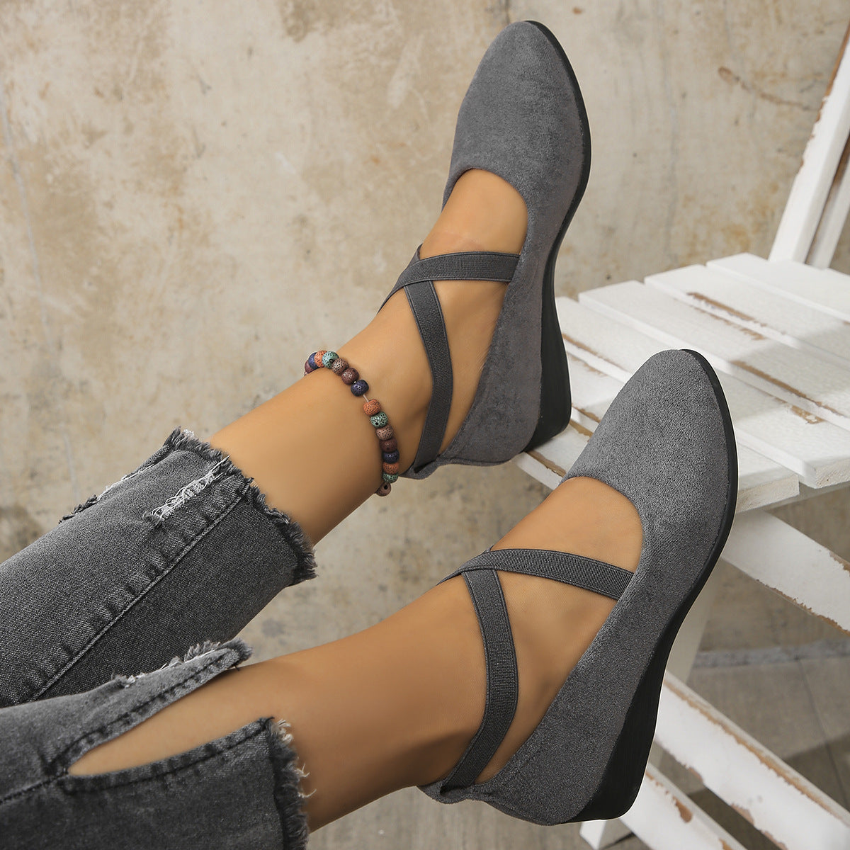 Women’s pointed toe cross-strap wedge flats in dark gray suede with elastic band at ankle