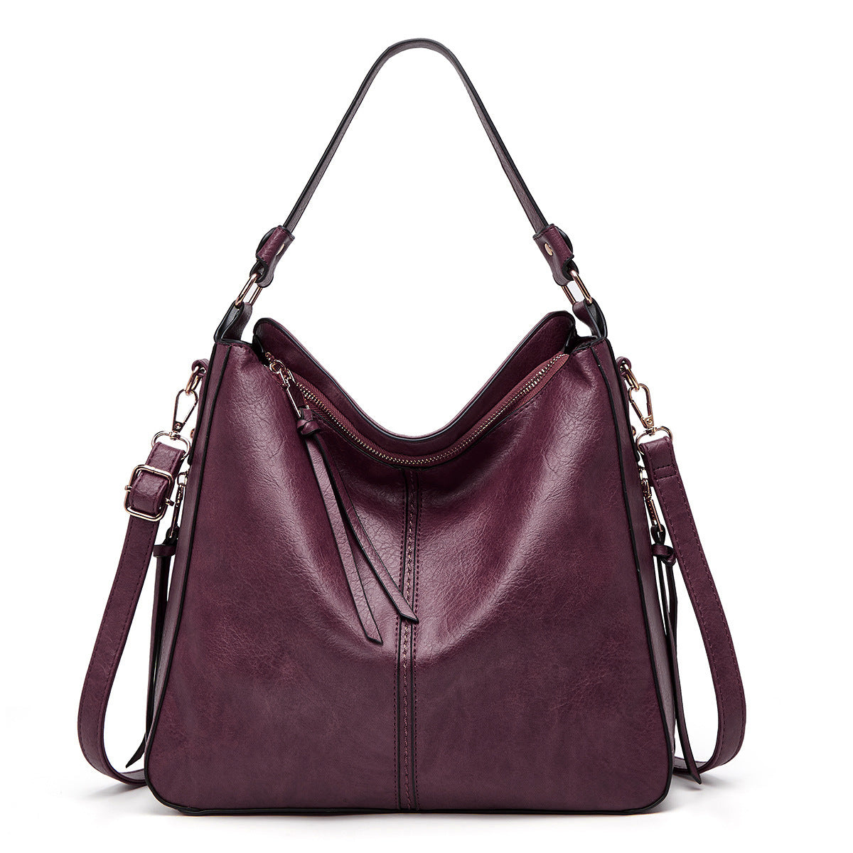 Plum hobo bucket bag with top zipper and dual shoulder straps