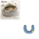 65cm gray round plush pet bed nest with blue U-shaped bolster cushion