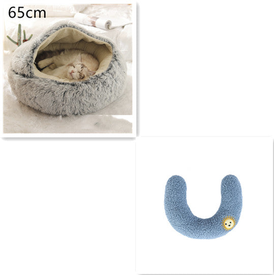 65cm gray round plush pet bed nest with blue U-shaped bolster cushion
