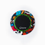 Magnetic phone holder with dark center, green trim, colorful character ring