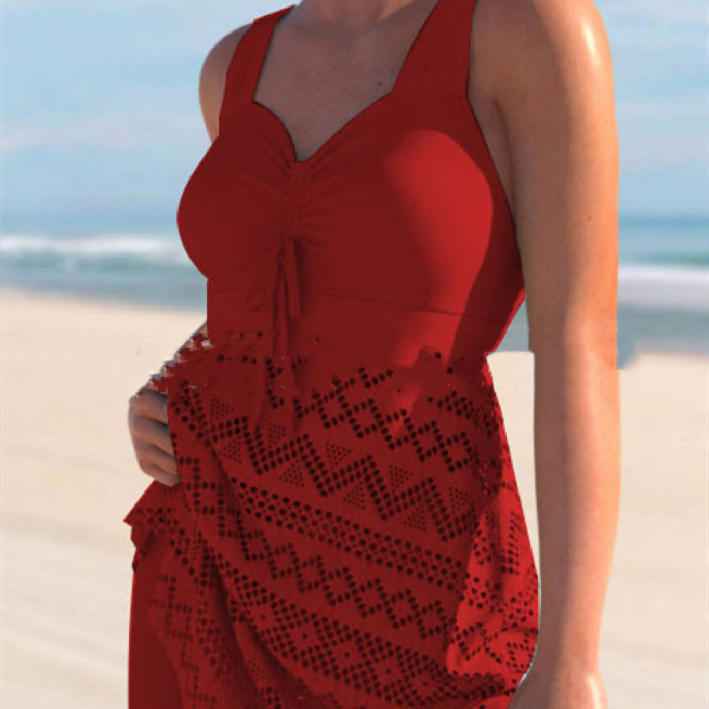 Red lace one-piece swimsuit with padded cups, tie-front neckline, and patterned lace skirt