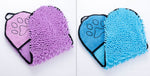 Heart-shaped microfiber pet drying towels in purple and blue with paw print