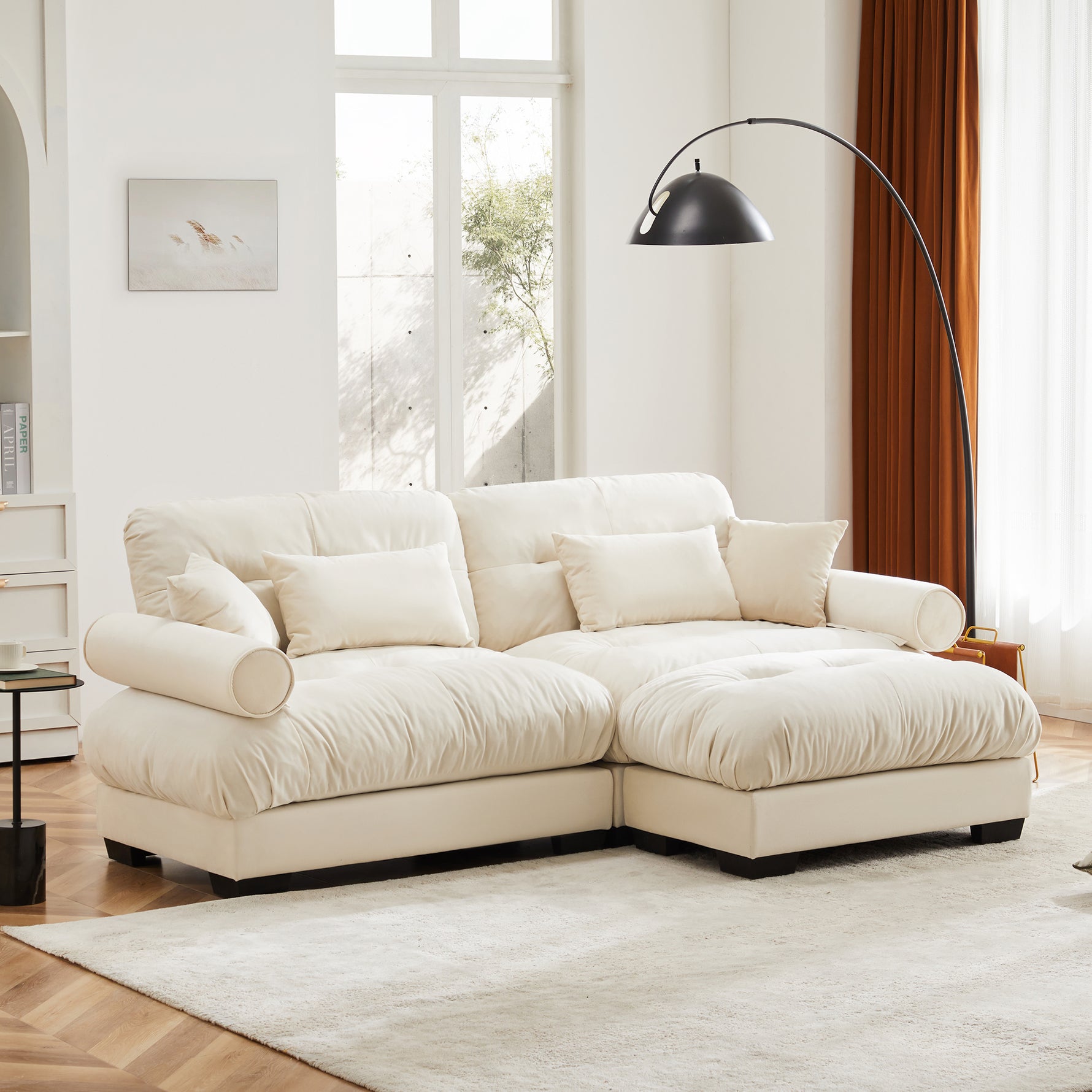 Over Size Modern Two-seater Sofa With Ottoman, Velvet 2-Seater With Round Bolster Armrests,With Waist Pillow And Throw Pillows,Small L Shape Sofa For Living Room, Reading Room , Loft And Bedroom,Cream