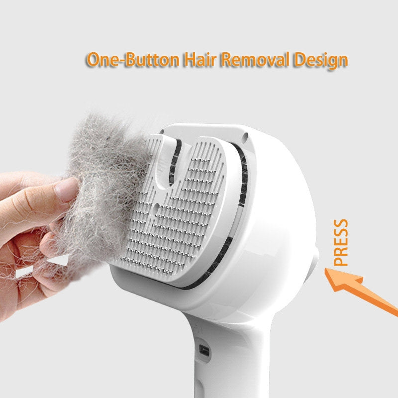 White one-button pet hair remover brush with comb teeth on a rounded head