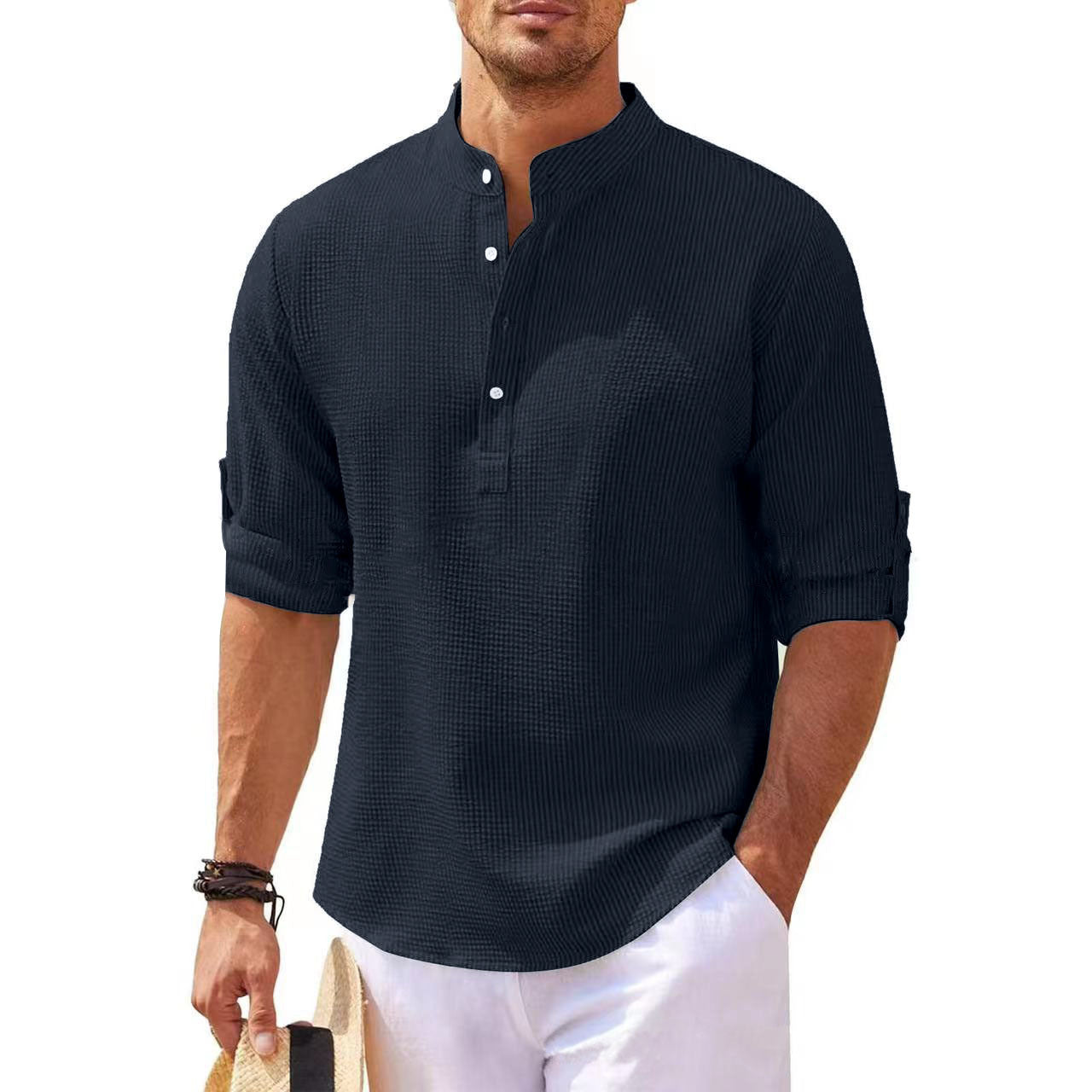 Men's stand-collar textured shirt, dark blue with button placket and short sleeves
