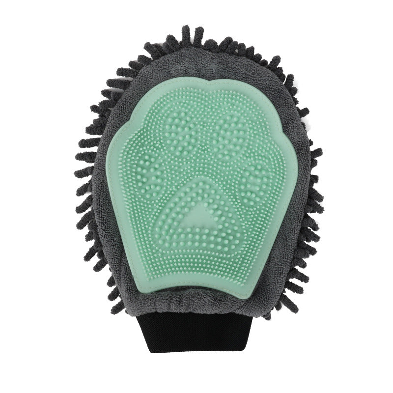 Pet bathing brush glove, mint-green silicone massage points on dark terry backing