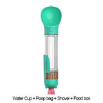 Green dog water bottle with cup, poop bag dispenser, shovel, and food box
