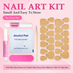 Nail art kit contents: alcohol pad, nail glue, nail file, and adhesive tabs