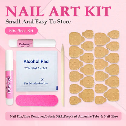 Nail art kit contents: alcohol pad, nail glue, nail file, and adhesive tabs