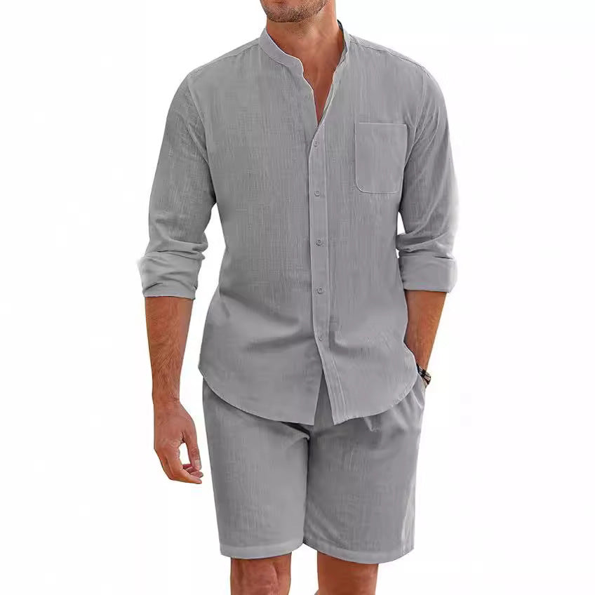 Long-sleeve button shirt and shorts set, gray with chest pocket and button front