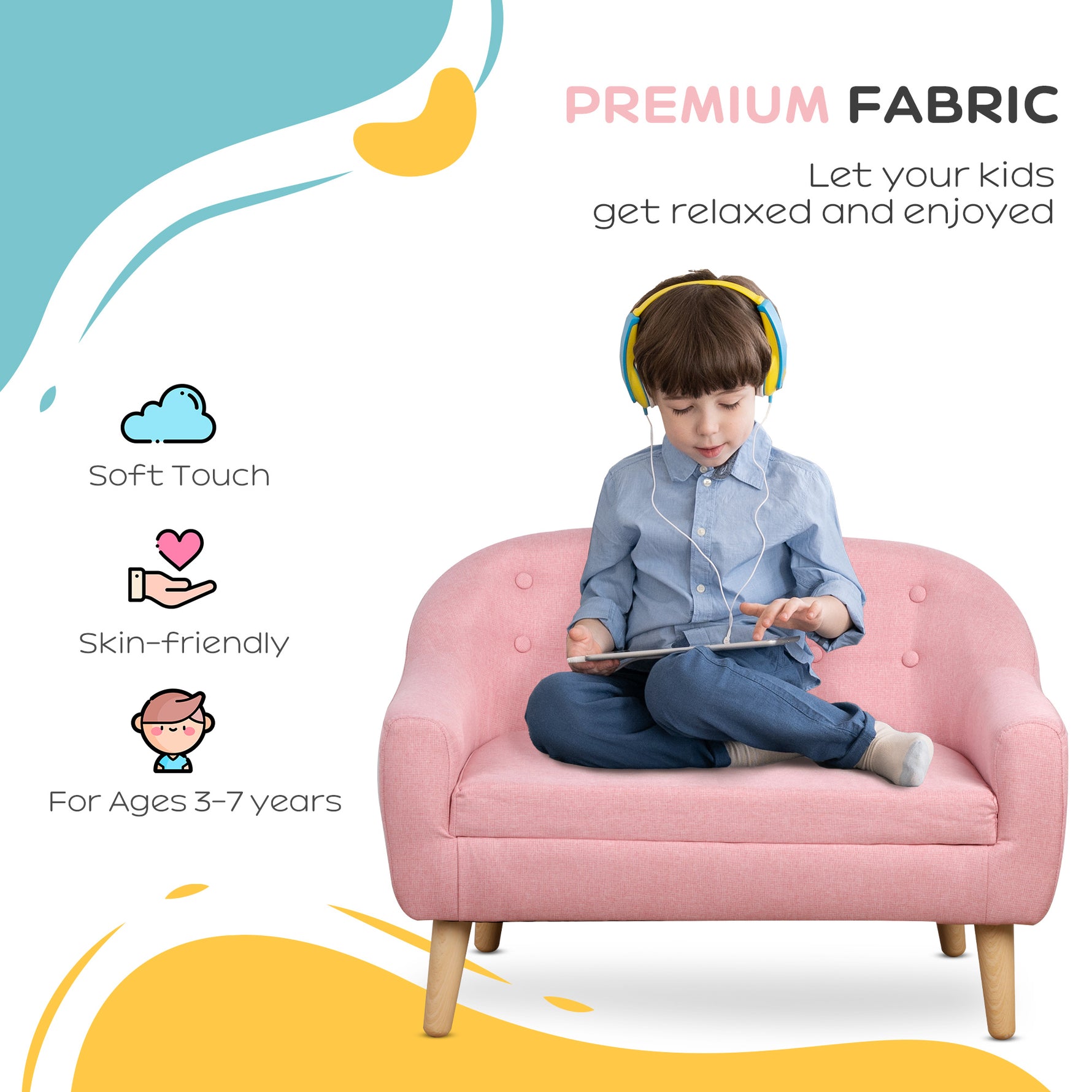 2-Seat Kids Sofa, Toddler Sofa Couch, Linen-Like Fabric & Wood Frame Sofa Chair For Ages 3-7, 11" High Seat, Pink