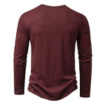 Men's long sleeve henley pullover in maroon, back view with curved shirttail hem