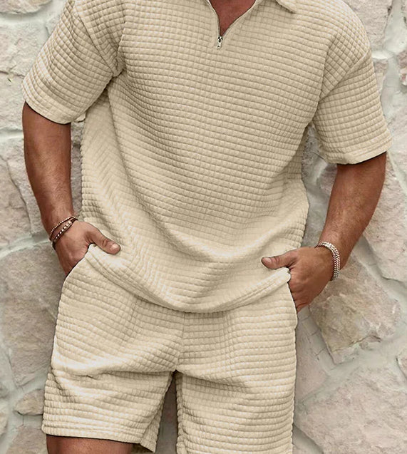 Men's zip short-sleeve shirt and shorts set, cream quilted texture, half-zip neckline