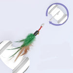 Interactive cat toy robot showing rotating wheel motion and feather wand