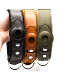 Leather dog collars set: black, tan, and army green with round tracker windows