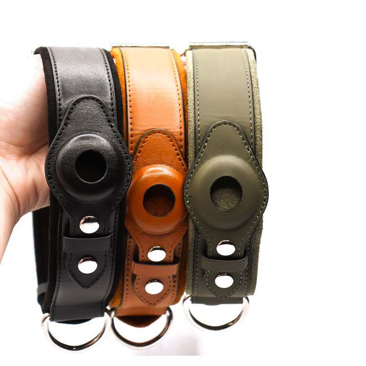Leather dog collars set: black, tan, and army green with round tracker windows