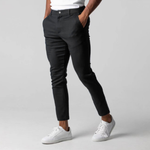 Black slim-fit business trousers with button waistband and straight leg hem stitching