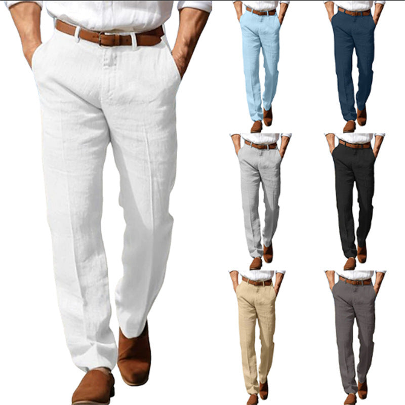 Men's linen straight trousers, white with button fly and belt loops