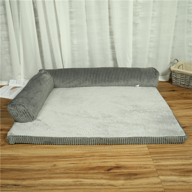 Pet dog bed with grey cord bolster and light grey padded base