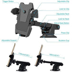 Black adjustable phone holder with clip-on arms and suction cup base
