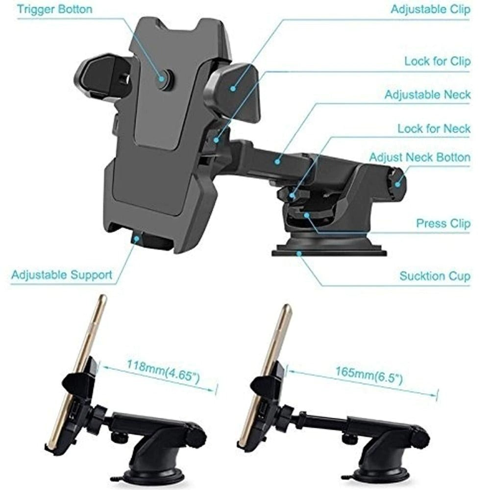 Black adjustable phone holder with clip-on arms and suction cup base