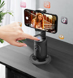 Auto tracking smartphone gimbal with black phone clamp for tabletop video