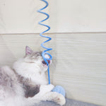 Cat spring toy wand with blue coil and fluffy light-blue pom ball