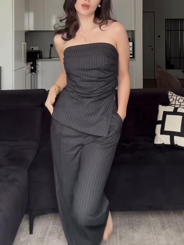 Striped tube top and high-waist trousers set with dark pinstripe strapless drape detail