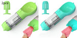 Portable pet water bottle feeder bowl set: lime green and teal with clear bottle and bag dispenser