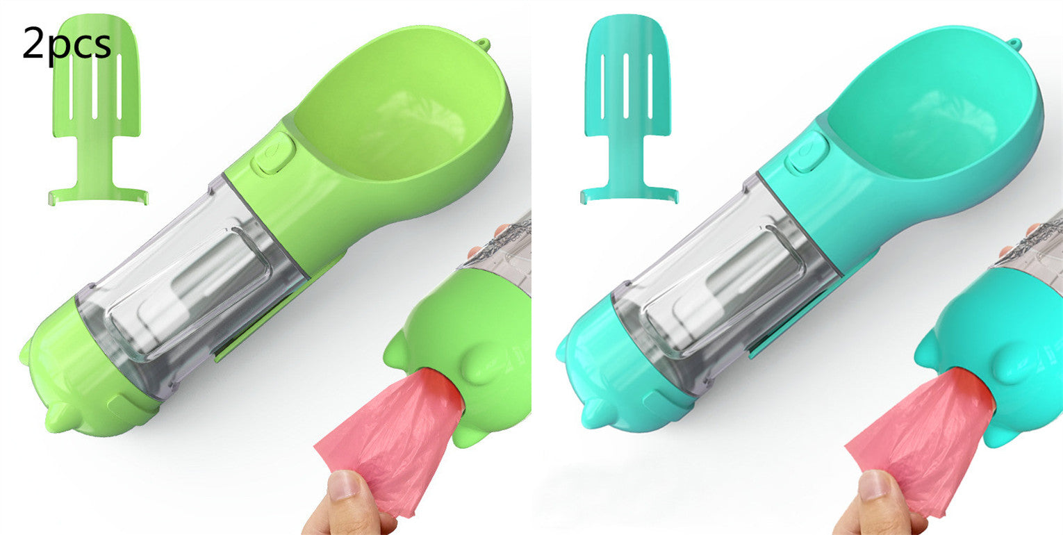 Portable pet water bottle feeder bowl set: lime green and teal with clear bottle and bag dispenser