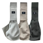 Three pet shoulder carrier bags in light gray, beige, and dark gray