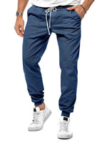 Men's drawstring ankle-cuff sports trousers, denim blue, loose tapered fit