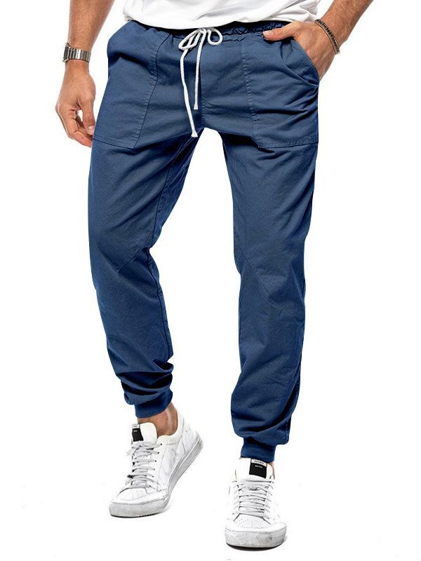 Men's drawstring ankle-cuff sports trousers, denim blue, loose tapered fit