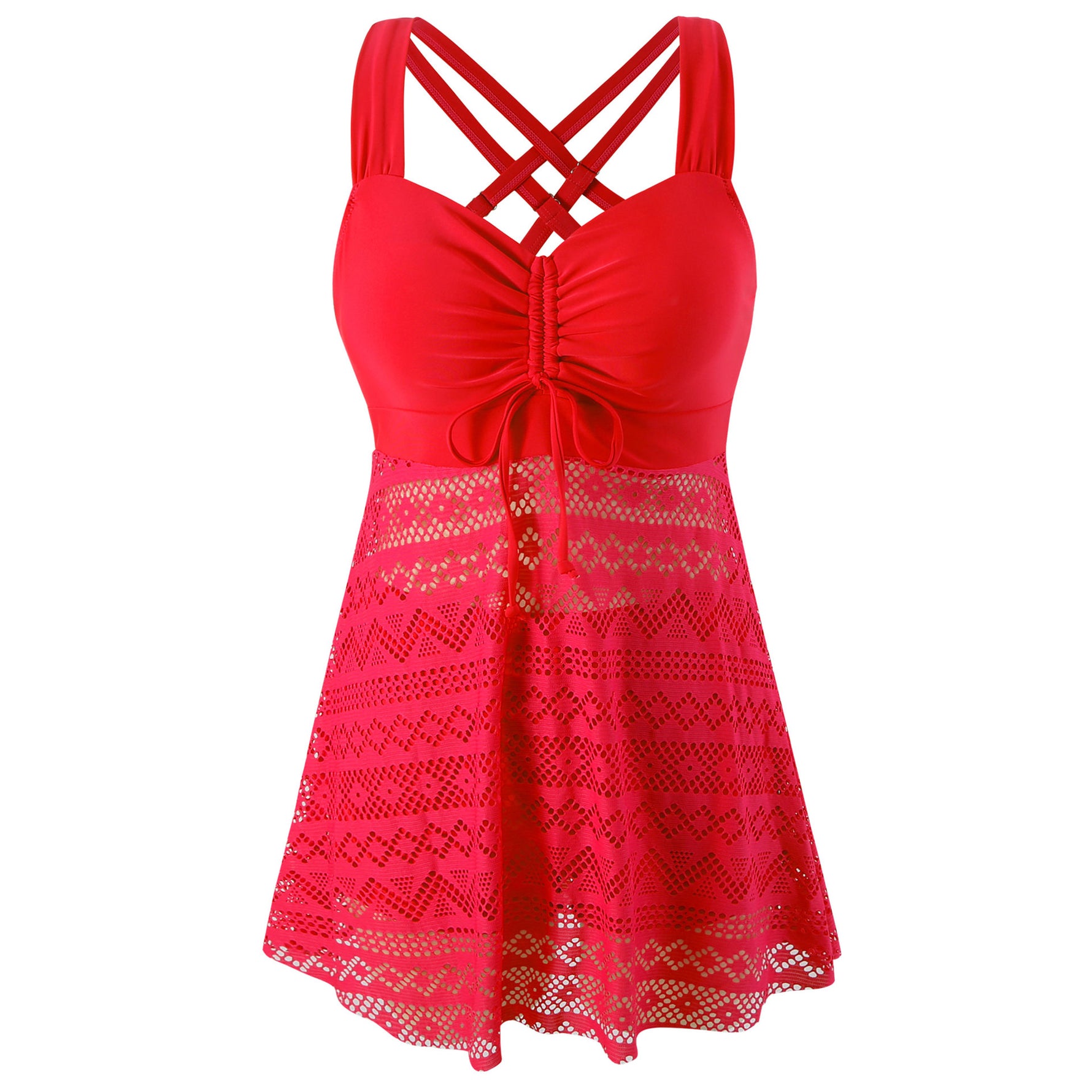 Red one-piece swimsuit with crisscross back straps and lace overlay skirt