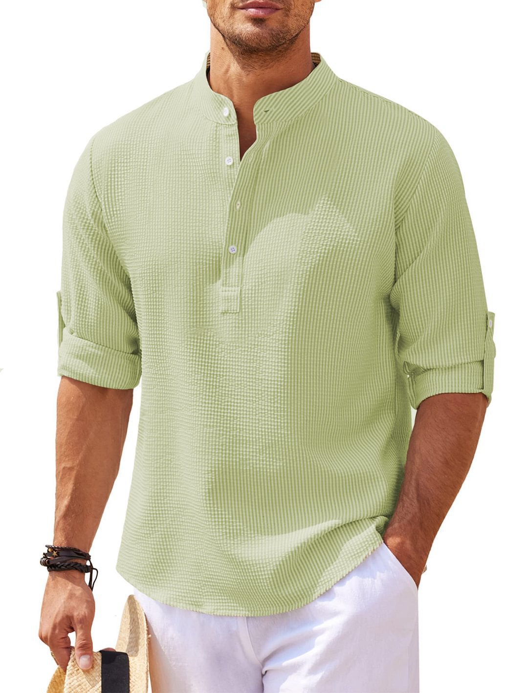 Men's textured stand-collar shirt, light green, short sleeves, button placket