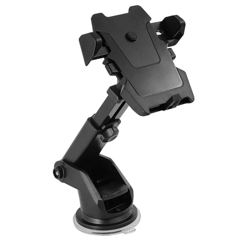 Black car phone holder with suction base and adjustable clamp cradle