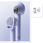 Pet hair dryer with grooming brush head, purple body, digital controls on display