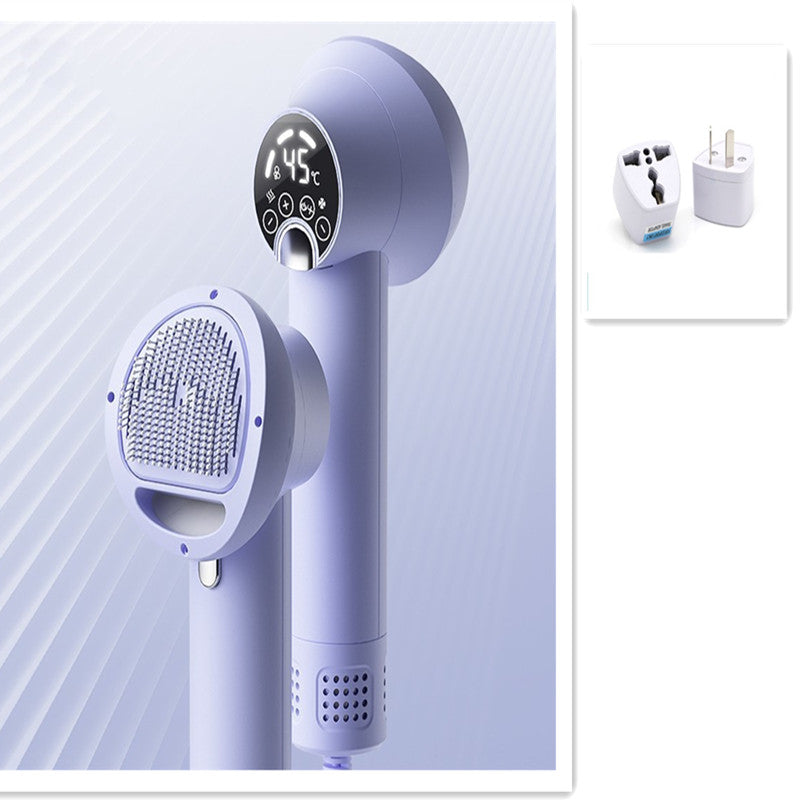Pet hair dryer with grooming brush head, purple body, digital controls on display