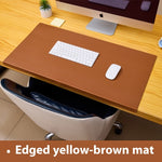 Brown PU desk mat with yellow-brown stitched edge, oversized mouse pad